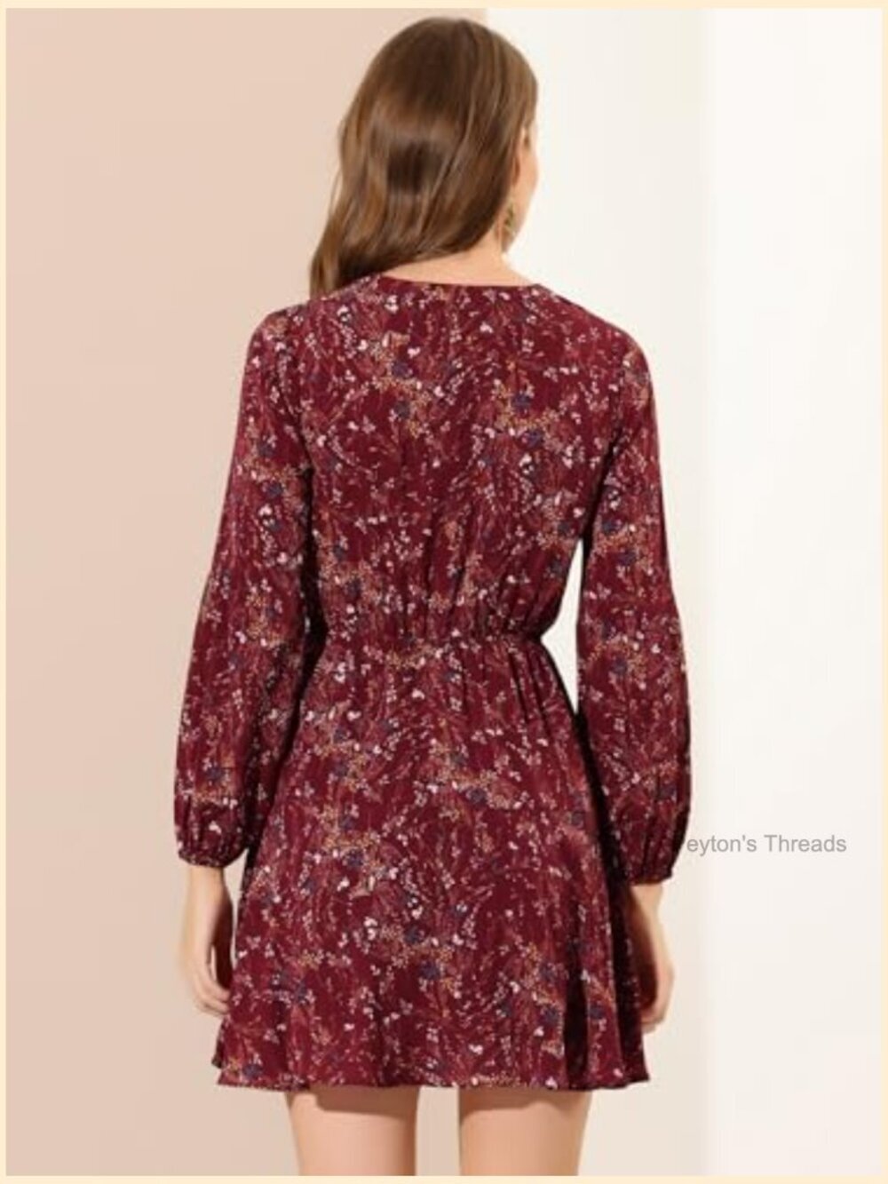 Allegra K Women's Button Front Tie Waist Vintage Long Sleeve Floral Dresses - Picture 5 of 5